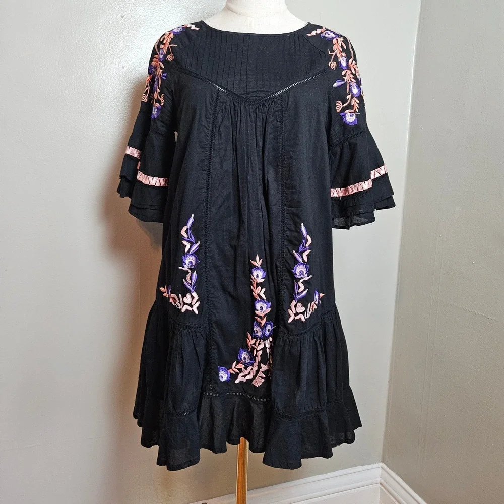Free‎ People Pavlo Embroidered Babydoll Mini Dress Tunic Sz S Black Ruffle